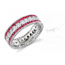 Round Diamond Wedding Band with Two Rows of Rubies & Engraved Sides