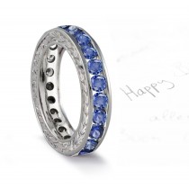 Blue Sapphire & Diamond Anniversary Foliate Scrolls & Motifs Gold Band