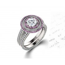 Delicate Micro Pave Halo Vivid Pink Sapphires & Brilliant-Cut Round Diamonds Designer Engagement Rings