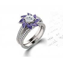 Delicate Micro Pave Halo Vivid Flower Purple Sapphires & Brilliant-Cut Round Diamonds Designer Engagement Rings