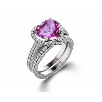 Delicate Micro Pave Halo Vivid Pink Sapphires & Brilliant-Cut Round Diamonds Designer Engagement Rings