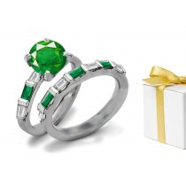 Special Modern Creations: Important Bar Set Emerald Ring With Diamonds in 18k White Plate of Gold Matching Earrings