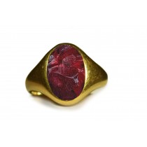 Finely Carved and Chased Serpents, Heads and Other Designs: An Ancient Rich Red Color & Vibrant Ruby Burma in Signet Style Ring