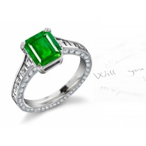 Rich Spanish Emeralds: In Platinum or Gold Emerald Cut Emerald & Baguette Diamond Starry Halo Ring 