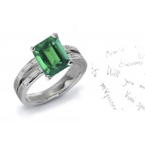 "Vibrant" Emerald Cut Emerald & Baguette Diamond Chevron Right Angled Ring