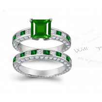 Precious Stones: Gold & Princess Cut Emerald & Diamond Halo Divine Mother Goddess Ring & Diamond Halo Band Available 