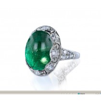 Edwardian, Belle Epoque, Platinum, Milgrain, Filigree, Crystal Green, Bright, Deeply Saturated, Emerald Cabochon