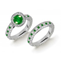NEW STOCK: 14k Gold & Platinum Emerald Diamond Halo Engagement Ring & MicropavEmerald Diamond Band