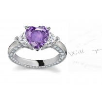 Three Stone Heart Purple Sapphire & Heart Diamond Halo Ring in Stock