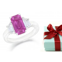 Emerald Pink Sapphire Three Stone Sapphire Engagement Ring with Trapezoid Diamonds in 14k White Gold