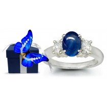 Cabochon Blue Sapphire Three Stone Engagement Ring with Oval Diamonds in 14k White Gold