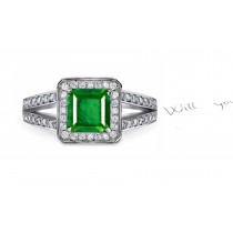 Large and Varied Collection: 18k This Simple Princess Cut Emerald & Diamond Halo Chevron Gleaming 18k Gold Ring
