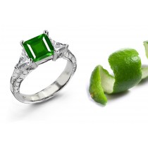 Three-stone Diamond Rings: Three-stone Half Hoop Ring Feates Trillion Diamonds on Sides & Square Emerald Center