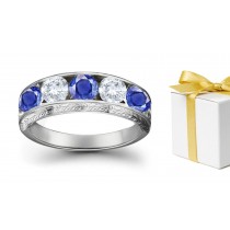 Blue Sapphire With White Diamond Five Stone Rings