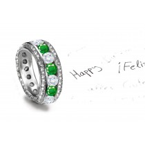 Hand Engraved Foliate Scrolls & Motifs Emerald & Diamond Band