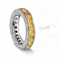 Eternal Lien Yellow Sapphire Engraved Wedding Bands