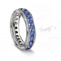 Blue Sapphire & Diamond Anniversary Foliate Scrolls & Motifs Gold Band