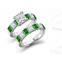 Bluish Green 7 Stone Square Green Color Emerald and Princess Cut Diamond Ring & Band