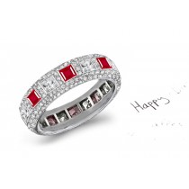 Impeccable: Pave Set Princess Cut Diamond Ruby Wedding Band