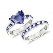 Handcrafted Blue Sapphire & Diamond Engagement Ring & Wedding Anniversary Band Bridal Set