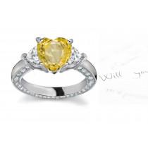 Three Stone Heart Yellow Sapphire & Heart Diamond Halo Ring Special Design