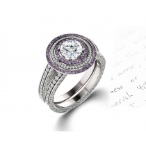 Delicate Micro Pave Halo Vivid Purple Sapphires & Brilliant-Cut Round Diamonds Designer Engagement Rings