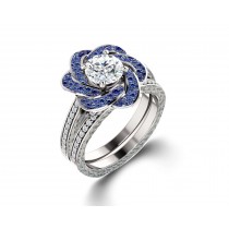 Delicate Micro Pave Halo Vivid Flower Blue Rainbow Sapphires & Brilliant-Cut Round Diamonds Designer Engagement Rings