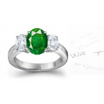 Classical Ovals: Really Classic 3 Stone Dark Tone Hue Bright Color Solid 14k Gold Oval Emerald & Oval Diamond Engagement Ring