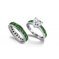 Marriage & Love: Heart Diamond & Square Emerald Ring & Band in Goldl