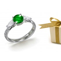 Matched Side Stones: Pear Shape Diamond & Emerald Victorian Style 3 Stone Ring