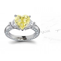 Center Heart Canary Diamond & Heart White Diamond Accents Engagement Ring in Platinum or Yellow Gold
