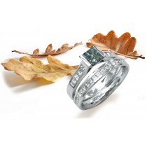 Green Diamond Rings: Platinum Green Princess Cut Diamond and White Princess Cut Diamonds Engagement 