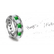 Handcrafted Foliate Scrolls & Motifs Emerald & Diamond Band