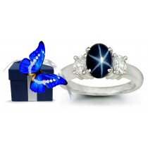 Oval Star Blue Sapphire Three Stone Sapphire Engagement Ring with Oval Diamonds in 14k White Gold