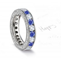 Blue Sapphire & Diamond Antique Foliate Scrolls & Motifs Gold Band