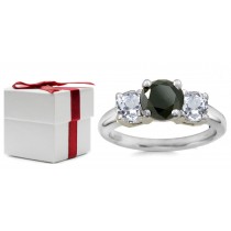Round Black Sapphire Three Stone Engagement Ring with Round White Sapphires in 14k White Gold