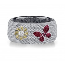 Delicate French pavee Sparkling Brilliant-Cut Round Diamonds & Vivid Multi-Colored Precious Stones Eternity Rings & Bands Featuring Vintage Flowers & Butterflies