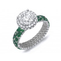 Made To Order Rings With French Pave Halo Brilliant Cut Round Diamonds & Emeralds