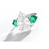 Center Pear-Shaped Diamond & Side Emeralds Three Stone Engagement Rings