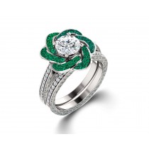 Delicate Micro Pave Halo Vivid Flower Bloom Green Emerald & Diamond Engagement Rings