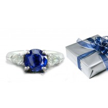 Round Blue Sapphire Three Stone Ring with Bullet Diamonds in 14k White Gold (7x5 mm, 5x3 mm)