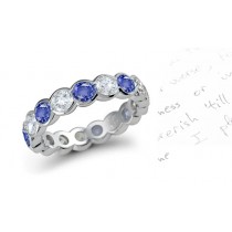 Bezel Set Round Blue Sapphire & Diamond Eternity Band Optic Doubly Refractive