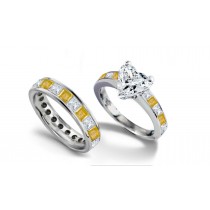 Heart Diamond & Princess Cut Yellow Sapphire & Diamond Engagement Ring & Matching Wedding Band