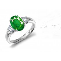 Among The Celebrated EmeraldsGold 3 Stone Luminous Oval Genuine Emerald & Brilliant White Shield Cut Diamond Ring