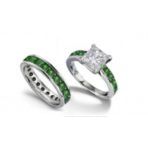 Princess Cut Diamond atop Square Green Emerald Ring & with Emerald Eternity Band