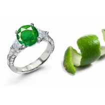 Three-stone Diamond Rings: 14k Gold & 3 Stone Matched Side Trillion Diamonds & Round Emeralds for Ladies