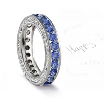 Blue Sapphire & Diamond Anniversary Foliate Scrolls & Motifs Gold Band