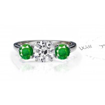 Specially Designed: New! Gorgeous True Emerald & Diamond Three-Stone Ring in 14k White Gold & Platinum