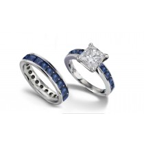 Princess Cut Diamond & Blue Sapphire Engagement Ring & Matching Platinum Band