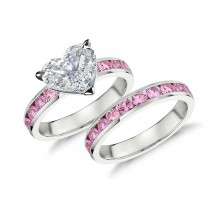 Handcrafted Pink Sapphire & Diamond Engagement Ring & Wedding Anniversary Band Bridal Set